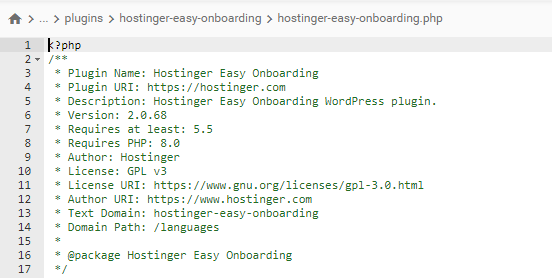 Code snippet of the Hostinger Easy Onboarding WordPress plugin, showing plugin details and requirements in PHP format.
