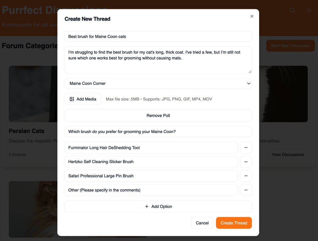 Adding a new poll when creating a thread in my community web app