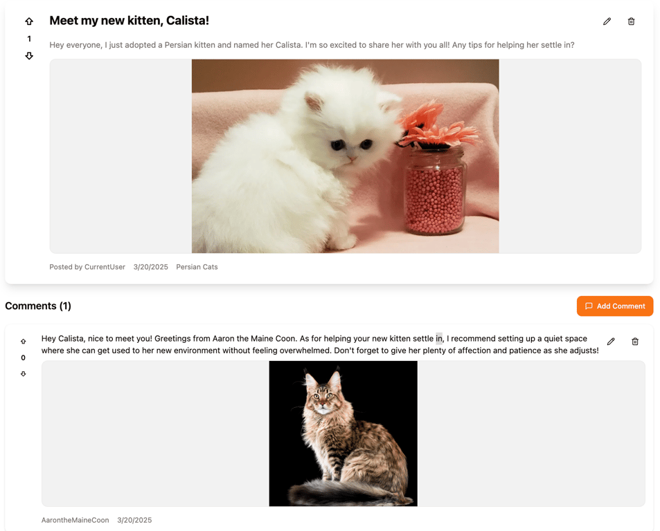 The thread page in my community web app with images and edit and delete buttons