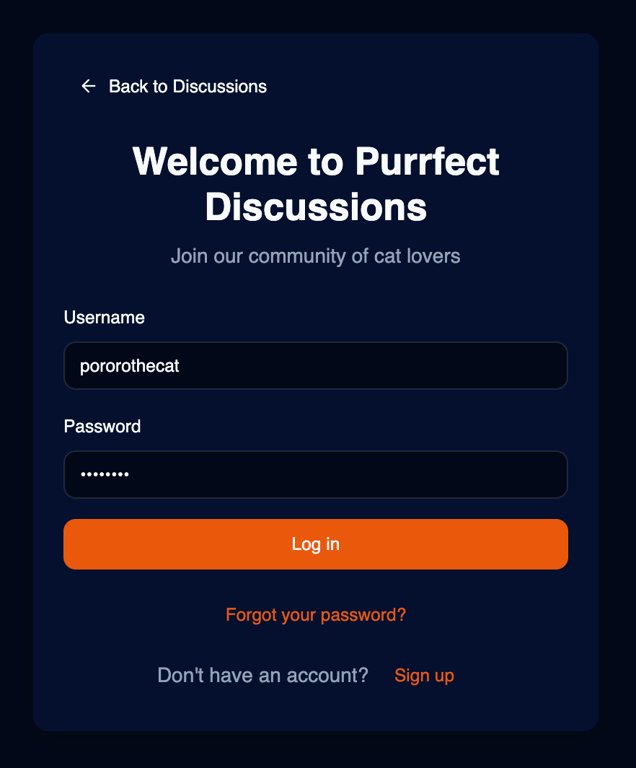 The login page of my community web app