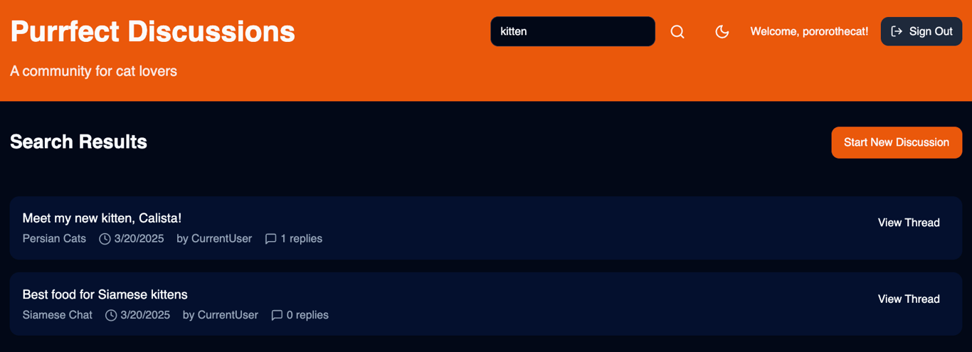 The search results page of my community web app with the Sign Out button