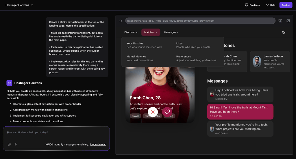 Hostinger Horizons creates a proper navigation bar