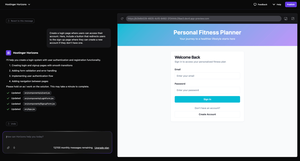Hostinger Horizons creates a web app login page