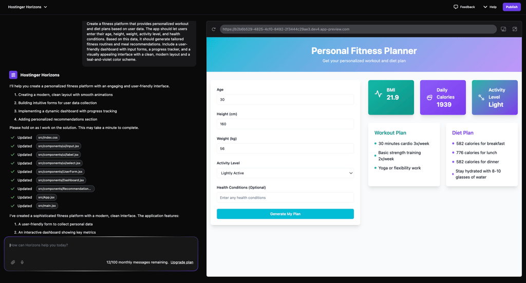 The Hostinger Horizons project dashboard