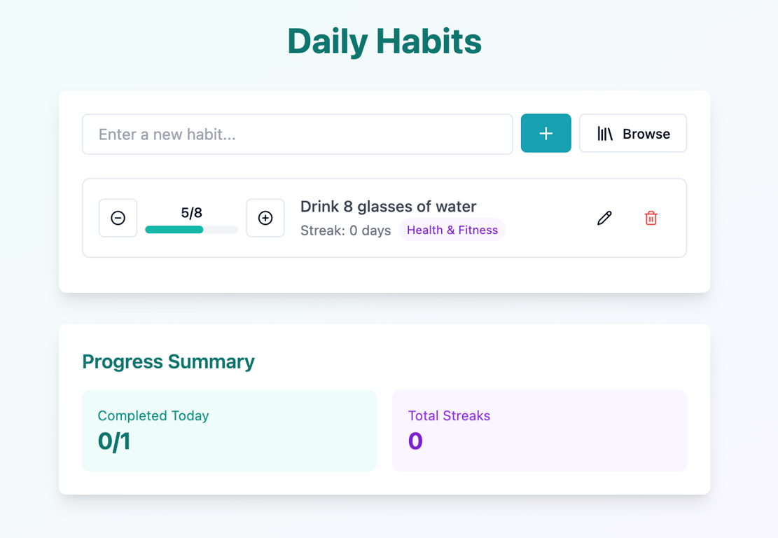 The web app's main dashboard after adding a progress bar for multi-step habits
