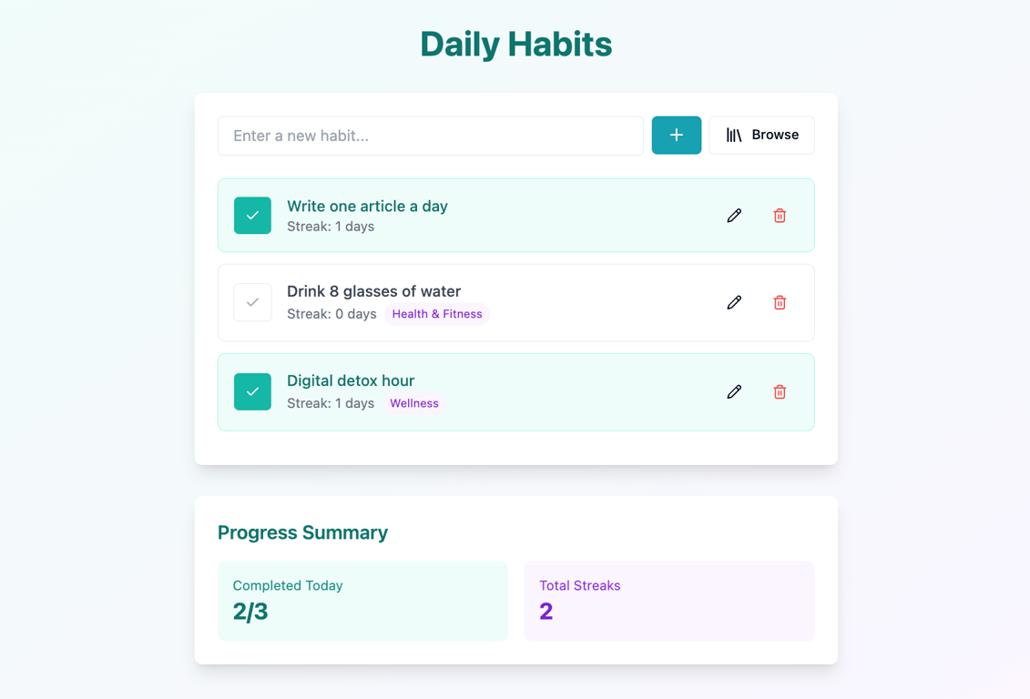 The web app's main dashboard after adding a habit template system
