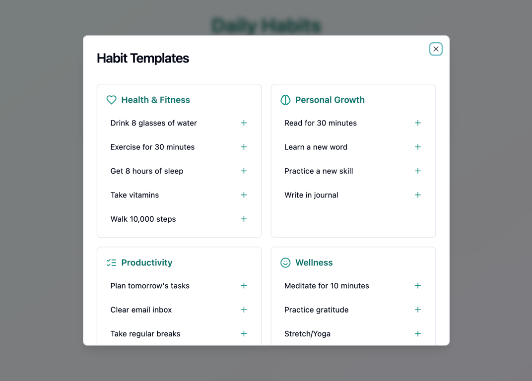 The web app's habit template system with recommended habits
