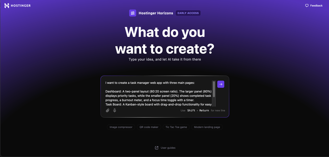 Hostinger Horizons initial page with a prompt example