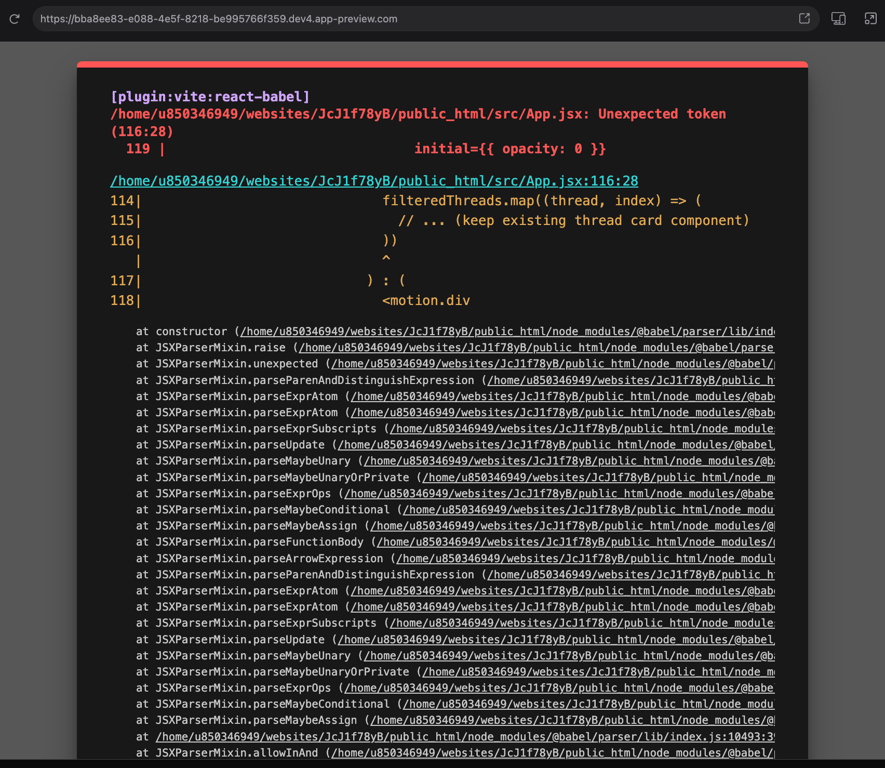 The preview error in Hostinger Horizons for my community web app