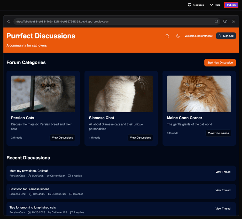 The Publish button in Hostinger Horizons