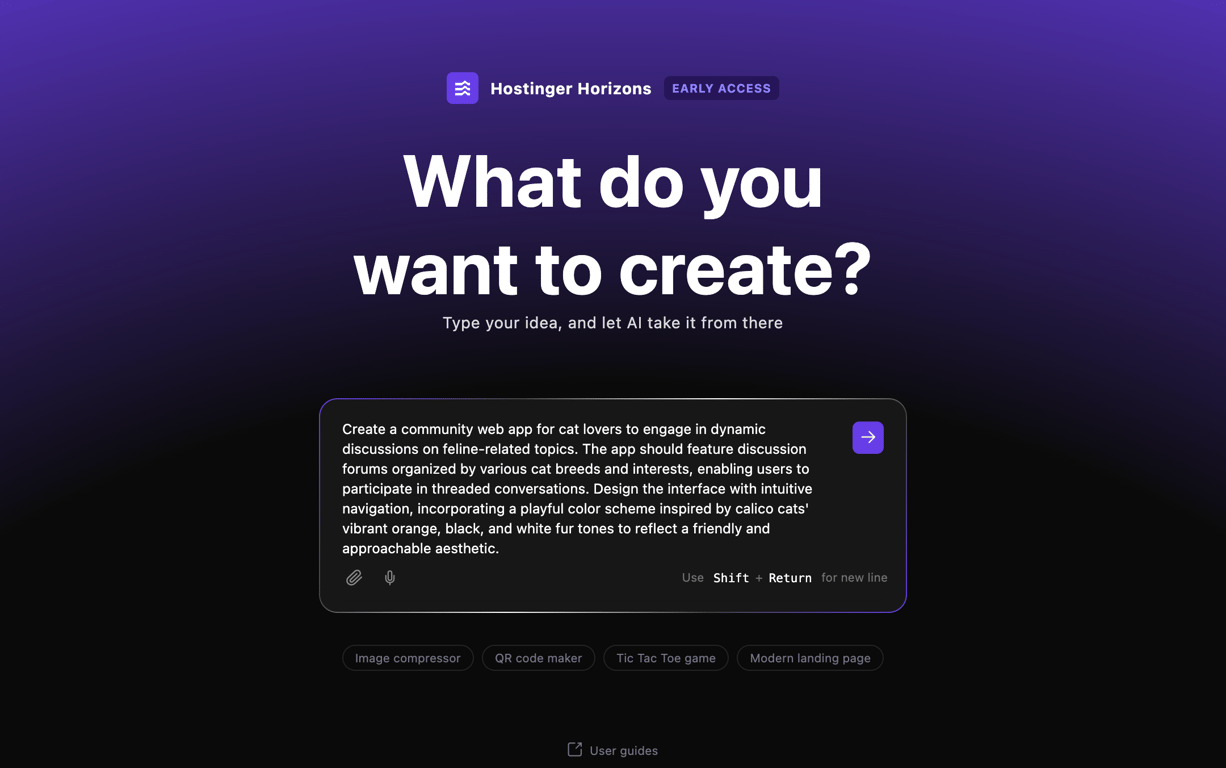 The Hostinger Horizons startup screen