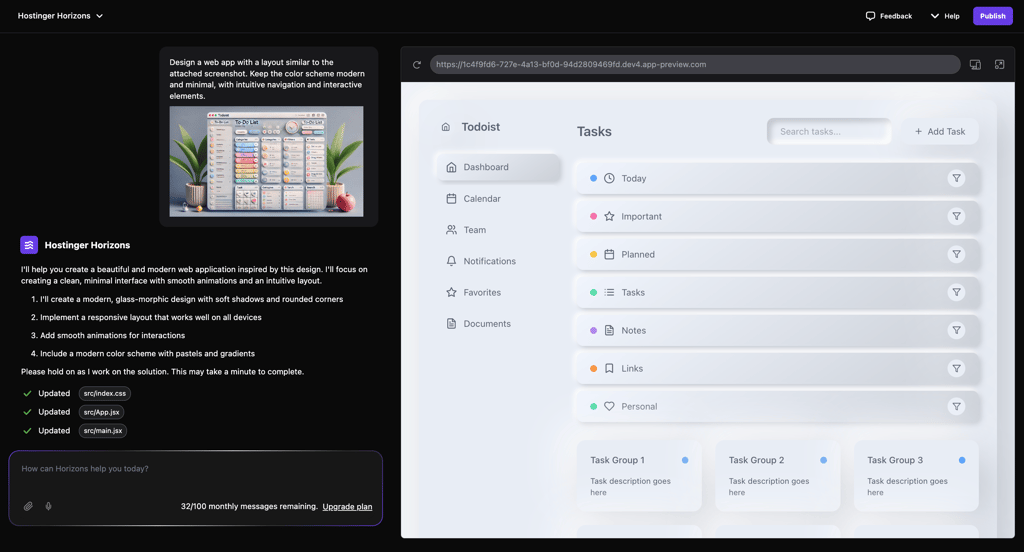 Uploading a screenshot to a prompt in Hostinger Horizons