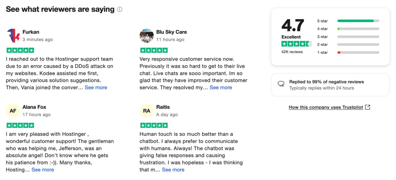 Hostinger reviews on Trustpilot