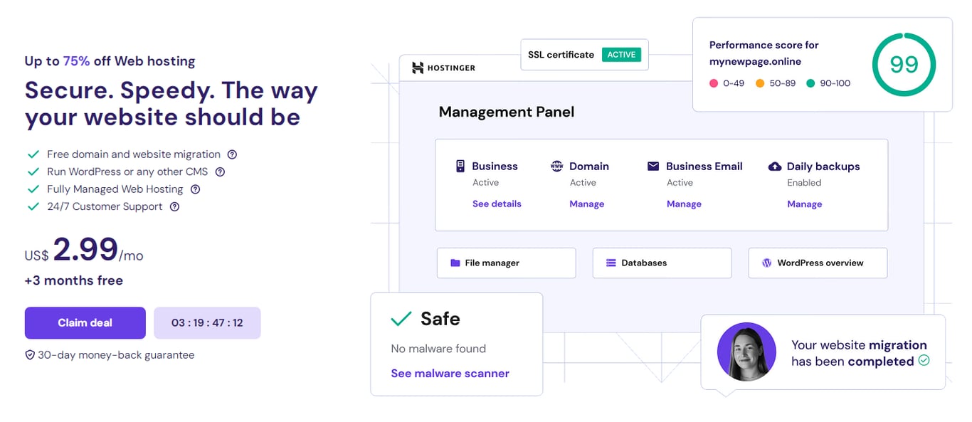 The speed test interface on Hostinger's web hosting landing page featuring download and upload speed measurements.