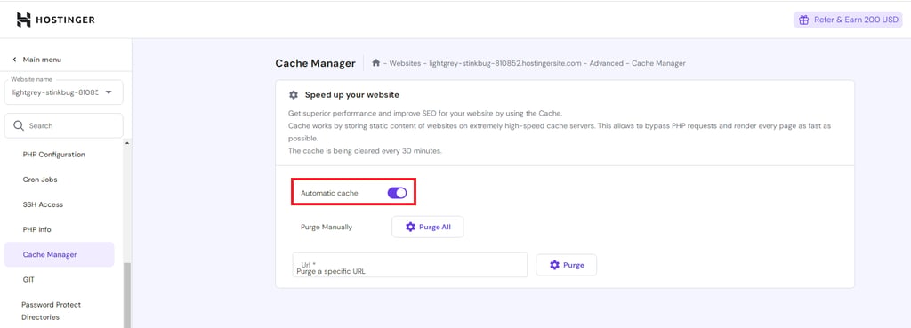 A Hostinger's panel featuring Cache Manager, highlighting the "Automatic cache" toggle and options for manual cache purging.