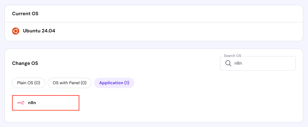 The n8n template under the Change OS section of hPanel's VPS