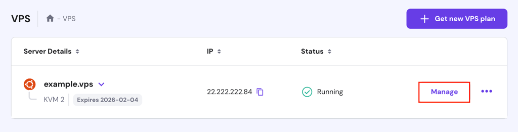 The Manage button in hPanel