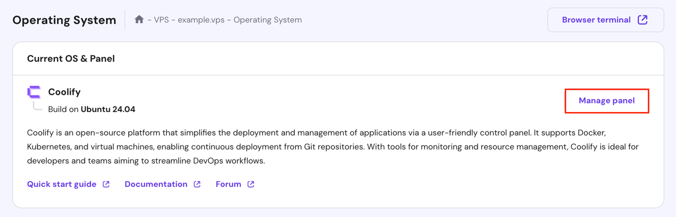 The Manage panel button for Coolify in hPanel's VPS
