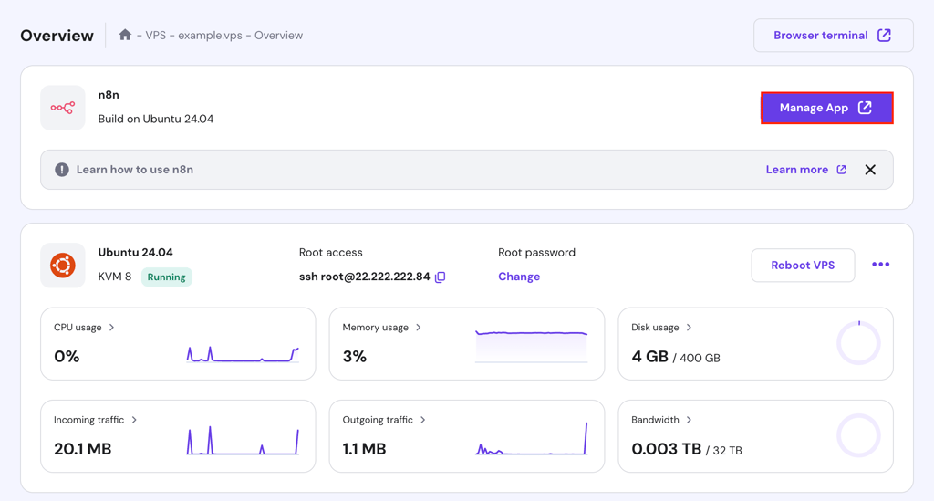 The Manage App button in the Overview page of hPanel's VPS