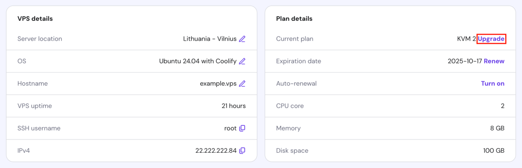 The Upgrade button in hPanel's VPS