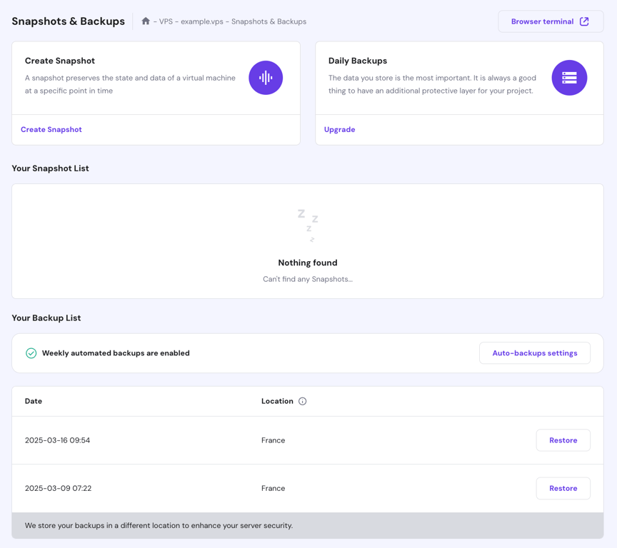 The Snapshots & Backups menu in hPanel's VPS
