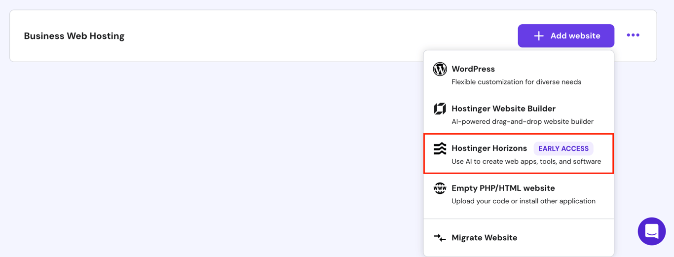 The Hostinger Horizons feature in hPanel's Websites page