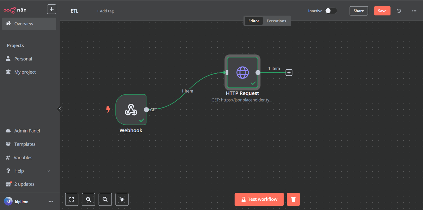 Attaching the HTTP Request node to the trigger in n8n