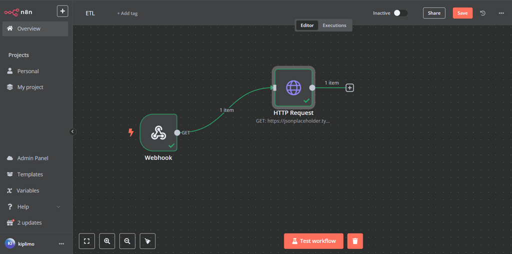 The n8n canvas with the HTTP Request node connected