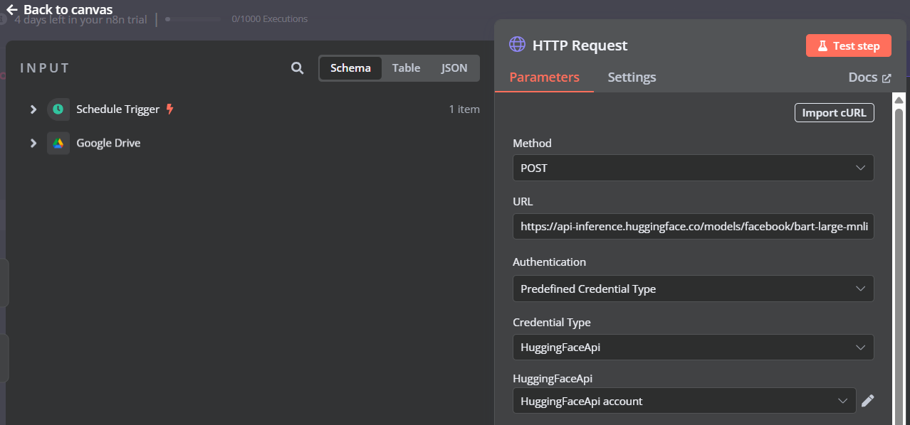 Configuring HTTP Request for Hugging Face API