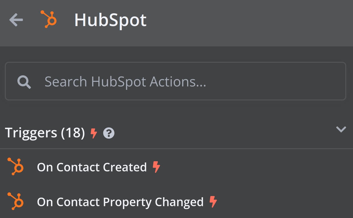 n8n triggers selection showing HubSpot "On Contact Created" and "On Contact Property Changed" options