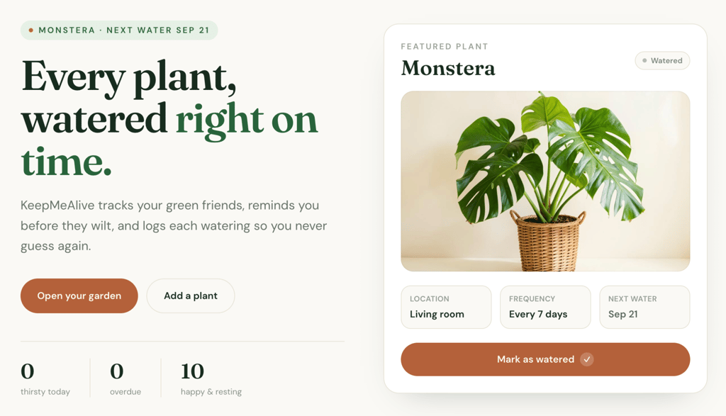 Lovable alternatives - visual KeepMeAlive dashboard showing a watered Monstera with its next watering date, plant care details, and garden watering statistics.