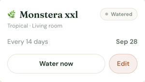 Lovable alternatives - edit Monstera plant card showing its watered status, 14-day watering schedule, next watering date, and options to water or edit the plant.