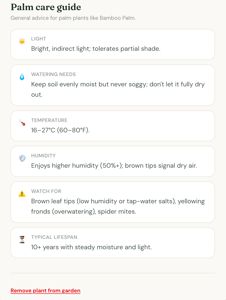Lovable alternatives - lovable post publish Palm care guide showing recommendations for light, watering, temperature, humidity, common problems, and typical lifespan, with an option to remove the plant from the garden.