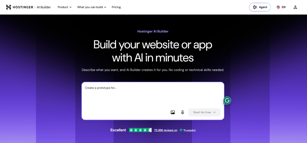 Lovable alternatives - hostinger homepage Hostinger AI Builder homepage featuring a prompt field for creating a website or app with AI, with image and voice input options and a Start for free button.