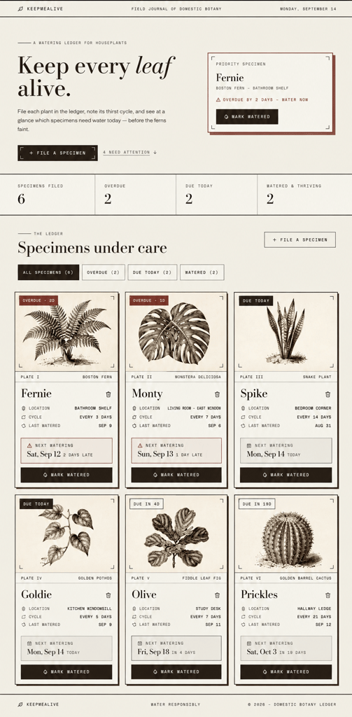 Lovable alternatives - hostinger first draft Houseplant watering dashboard styled as a botanical field journal, showing six plants with images, locations, watering cycles, next watering dates, and overdue or due-today statuses.