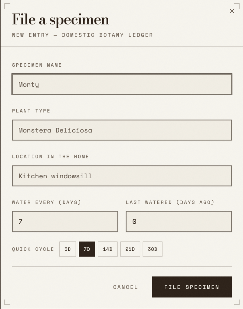 Lovable alternatives - hostinger form Plant entry form for a Monstera Deliciosa named Monty, with location, watering interval, last watered date, and quick watering cycle options.