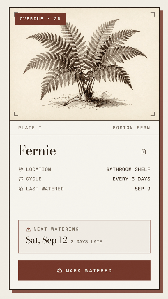 Lovable alternatives - visual change Boston fern plant card showing Fernie on a bathroom shelf, with a three-day watering cycle and watering overdue by two days.