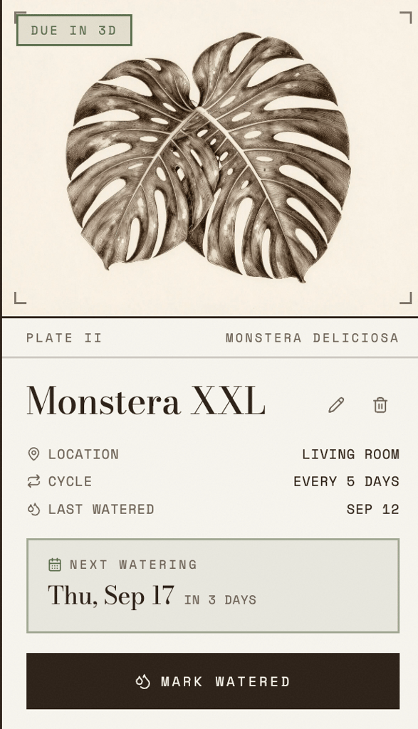 Lovable alternatives - adding features Monstera XXL plant card showing its location, five-day watering cycle, last watered date, and next watering due in three days.