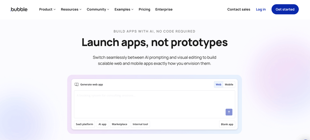 Lovable alternatives - bubble homepage Bubble homepage promoting AI-powered no-code app building, with a prompt interface for generating web or mobile apps and options for SaaS platforms, AI apps, marketplaces, and internal tools.