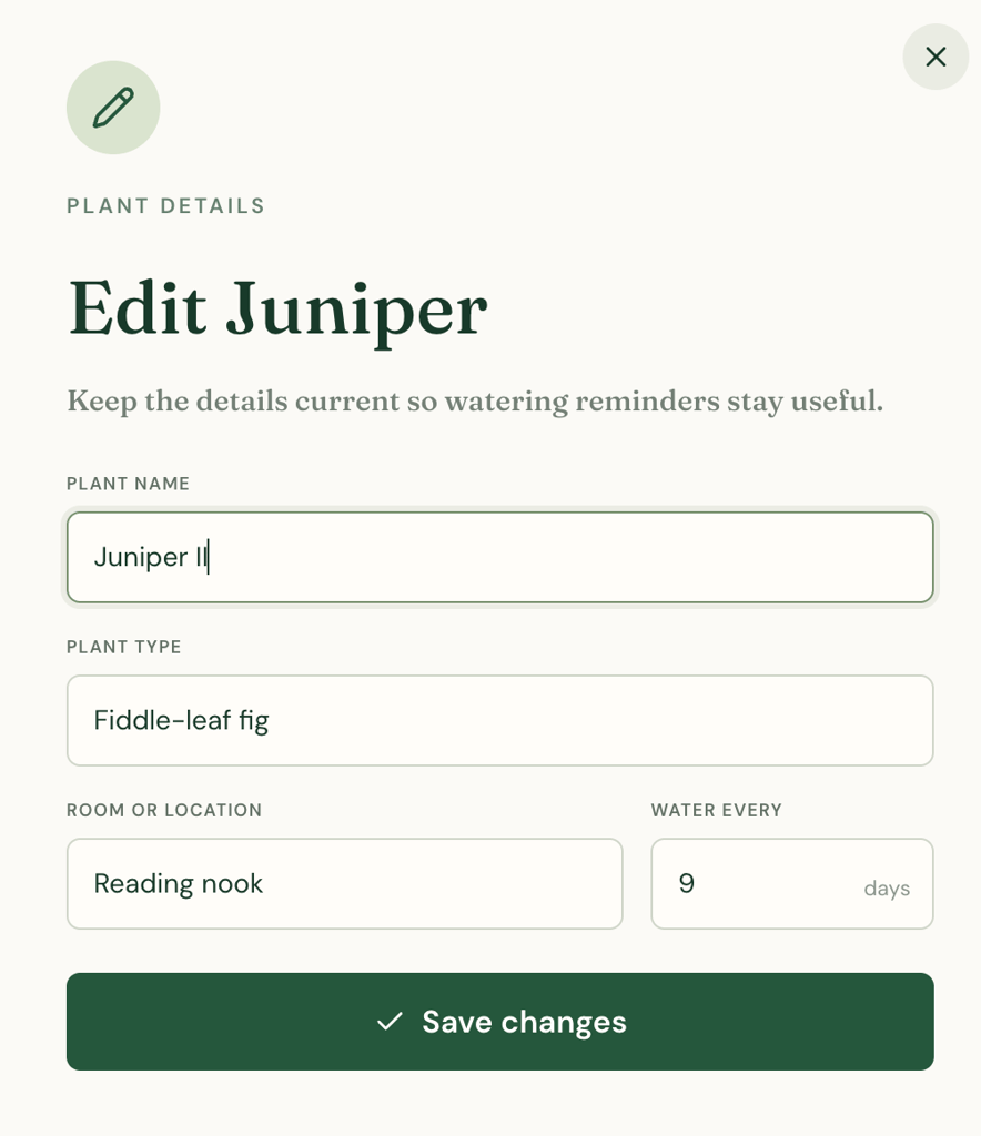 Lovable alternatives - netlify edit Edit Juniper form with fields for plant name, plant type, location, and watering frequency, plus a Save changes button.