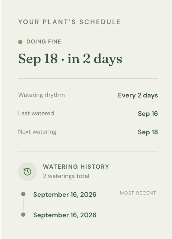 Lovable alternatives - netlify post publishing Plant watering schedule showing a two-day watering rhythm, last and next watering dates, and a history of two waterings recorded on September 16, 2026.