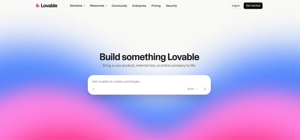 Lovable alternatives - lovable homepage Lovable homepage featuring a prompt field for creating prototypes with AI, navigation links, and Log in and Get started buttons.