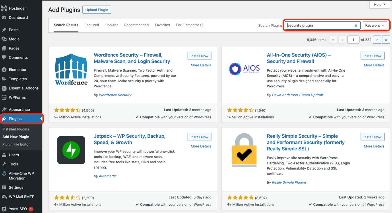 WordPress dashboard showing the "Add Plugins" page with security plugins available for installation
