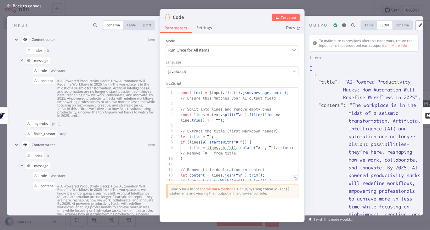 The input, configuration dialog, and output pane of the Code node in n8n
