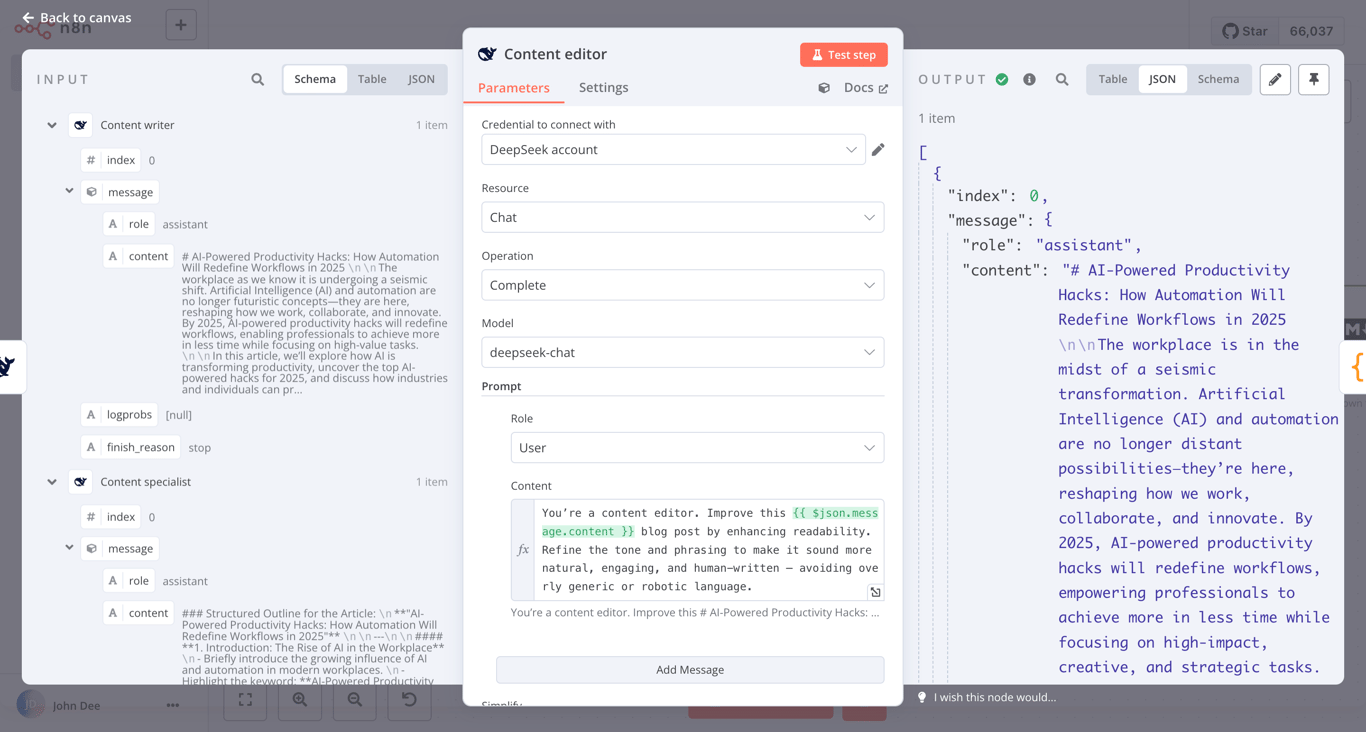 The input, configuration dialog, and output pane of the DeepSeek content editor node in n8n