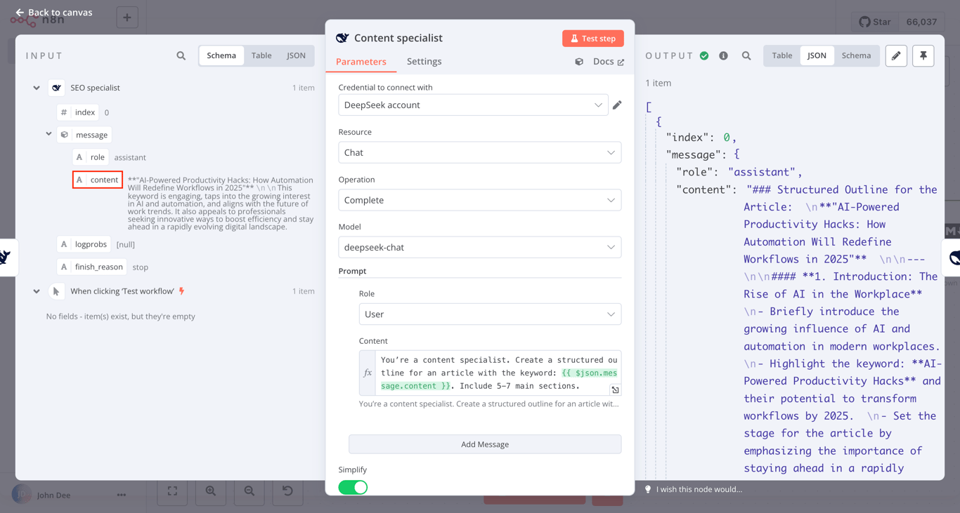 The input, configuration dialog, and output pane of the DeepSeek content specialist node in n8n