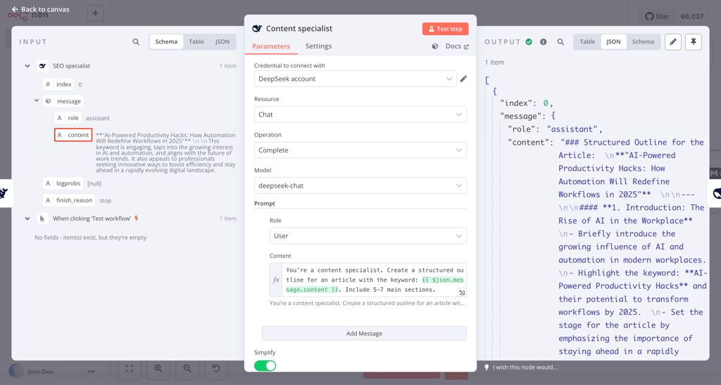The input, configuration dialog, and output pane of the DeepSeek content specialist node in n8n