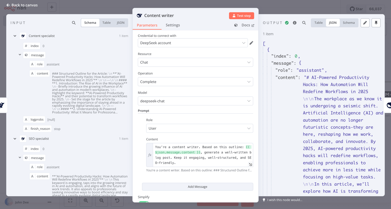 The input, configuration dialog, and output pane of the DeepSeek content writer node in n8n