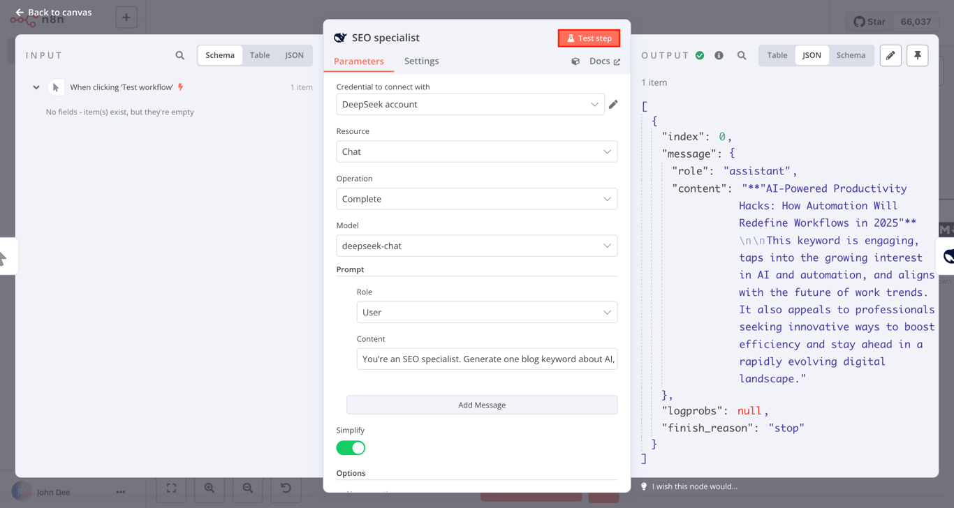 The input, configuration dialog, and output pane of the DeepSeek SEO specialist node in n8n