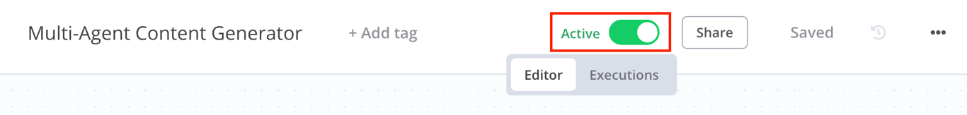 The activation switch in the n8n workflow editor canvas
